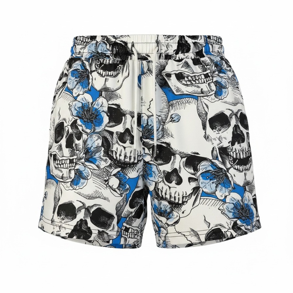 Graphic Print Drawstring Shorts Womens Medium Skull Floral Black White Blue